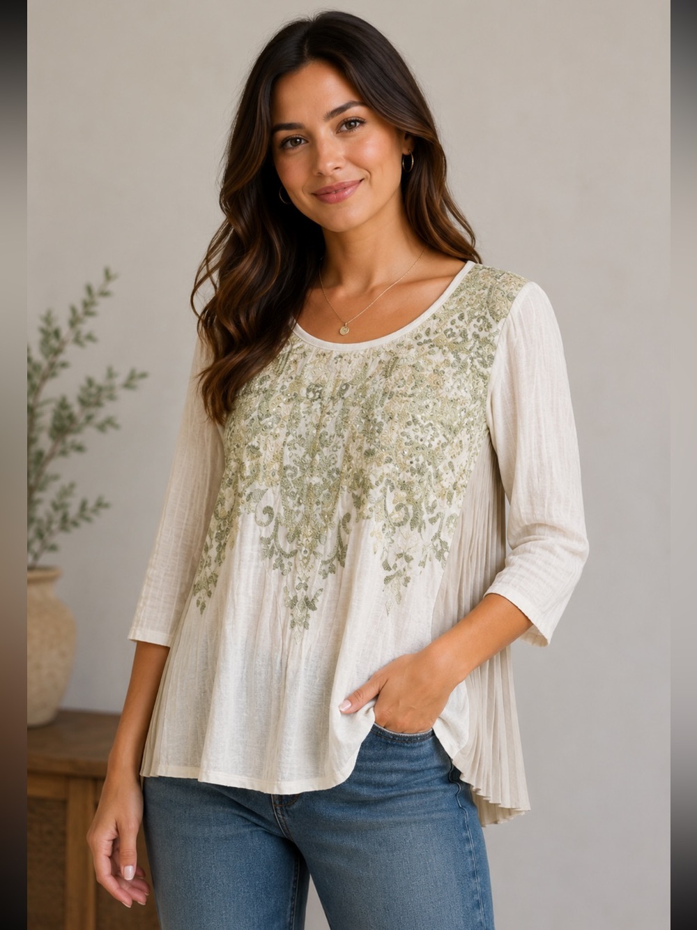 Tribal Embellished Boho Tunic Top Cream Green 3/4 Sleeve - Size L